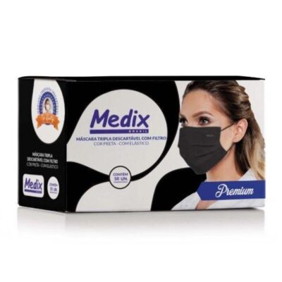 Máscara Descartável Tripla Com Elástico (Preta) | 50un - MEDIX