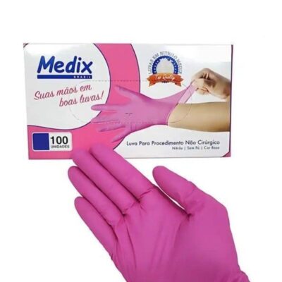 Luva Nitrilica Rosa (Sem Talco) com 100un | Tamanho P - MEDIX